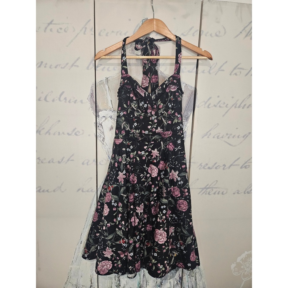 Hot Topic Black Floral Butterfly Halter Rockabilly Dress Small Lace Trim‎